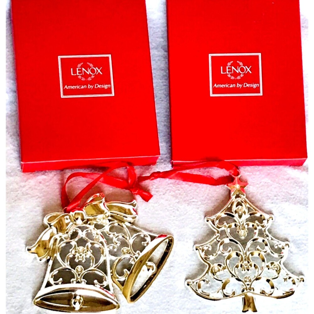 Lenox Christmas Ornaments 2 Sparkle and Scroll Bells + Tree Silver Original Box